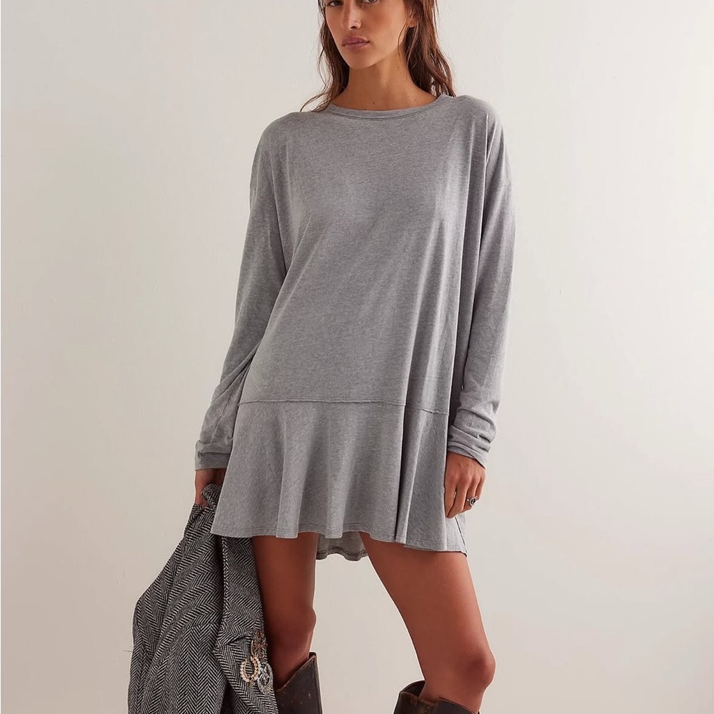 Free People Light Gray Long Sleeve Ruffle Hem Mini Dress